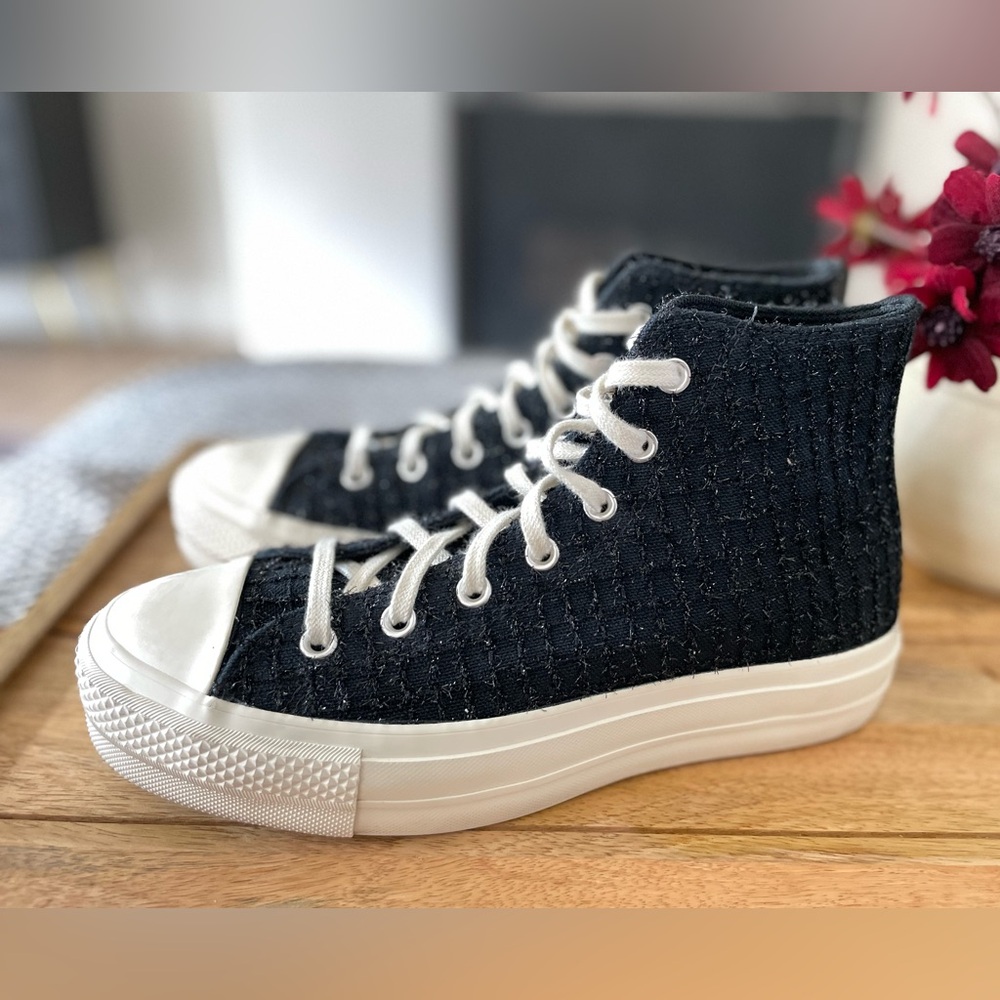 Converse Tweed Shimmer High Top Platform Lift Size 9.5 Black Beaded - Picture 10 of 10